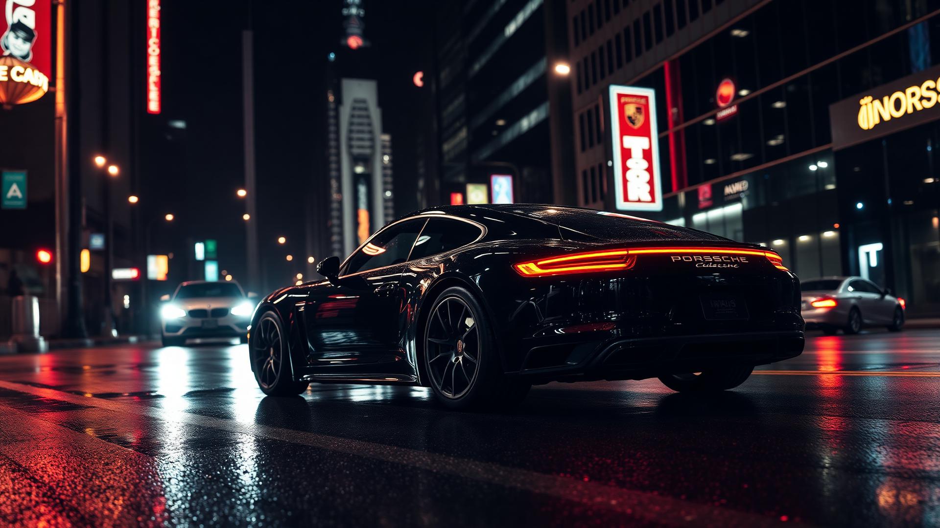 A premium vehicle on a rain-slick city street at night